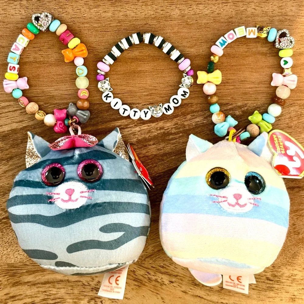 Ty Squishy Beanies 3in Cats Made Into Kitschy Ornaments Heather & Kiki +Bracelet